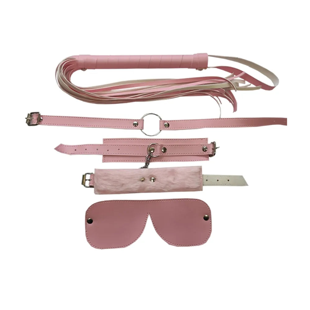 Kit BDSM de Cuero Rosa (4 Piezas) | Esposas, Látigo y Mordaza