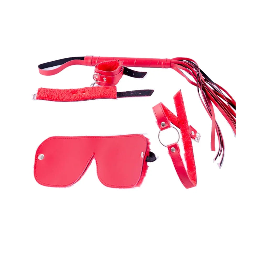 Kit de Cuero Rojo (4 Piezas) | Esposas, Látigo y Mordaza